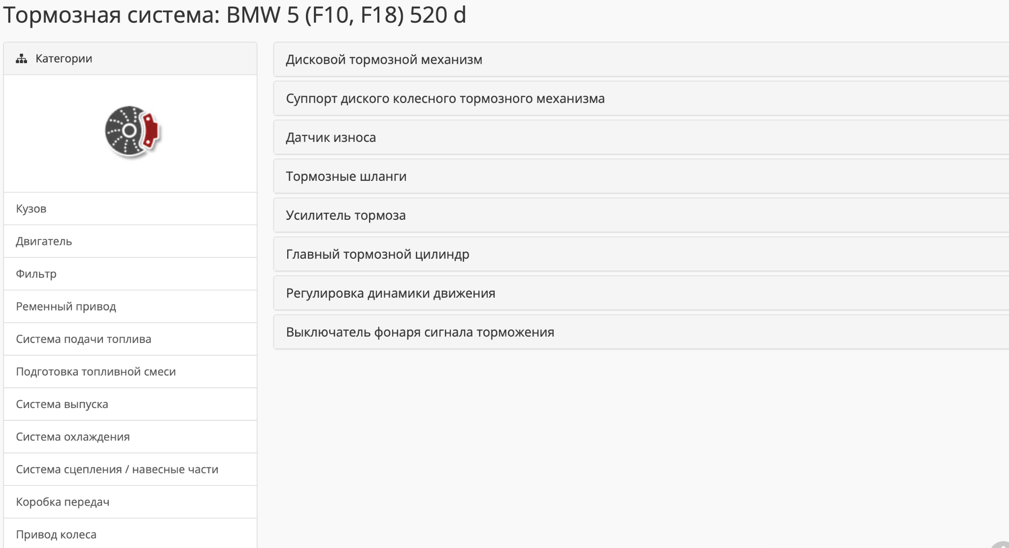 Многоуровневая структура подбора деталей для выбранной модификации.